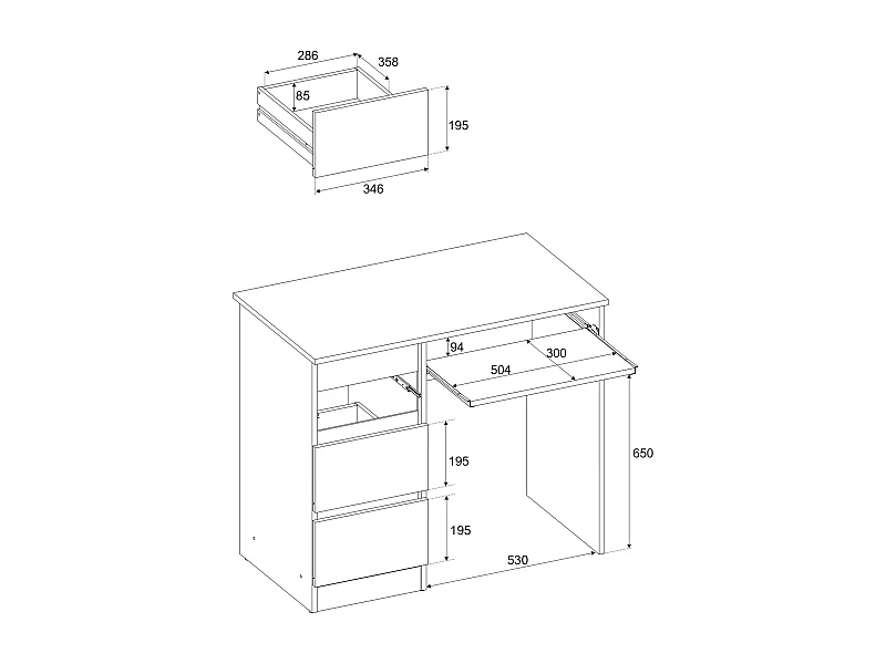 Bureau d’ordinateur -scolaire - gaming à 3 tiroirs –  Blanc brillant 90x50x77 cm