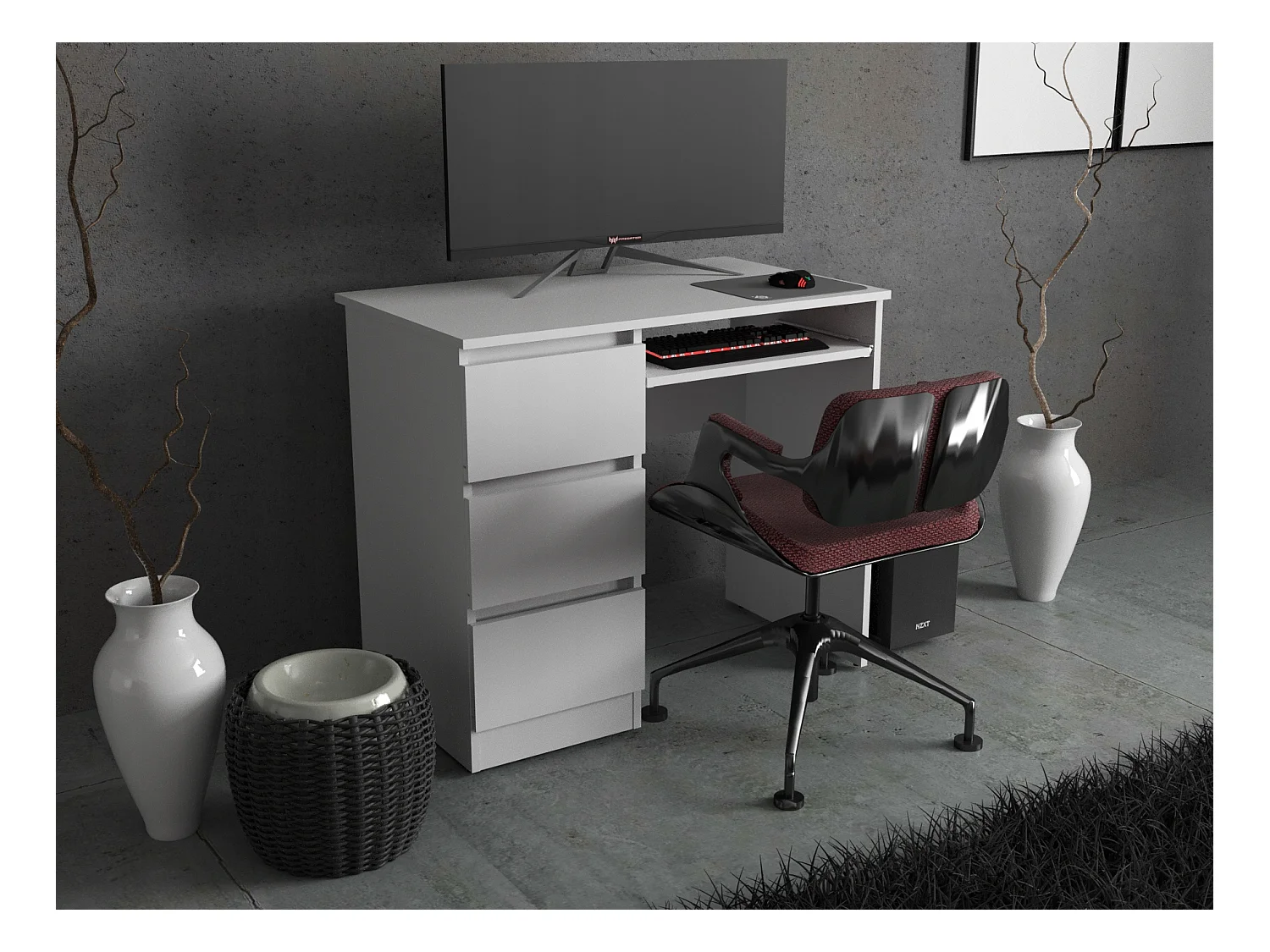 Bureau d’ordinateur -scolaire - gaming à 3 tiroirs –  Blanc mat 90x50x77 cm