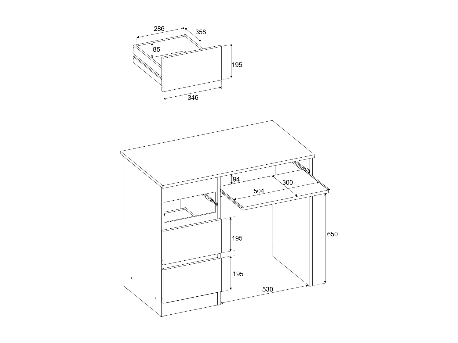 Bureau d’ordinateur -scolaire- gaming à 3 tiroirs – Gris Chêne Wotan 90x50x77 cm