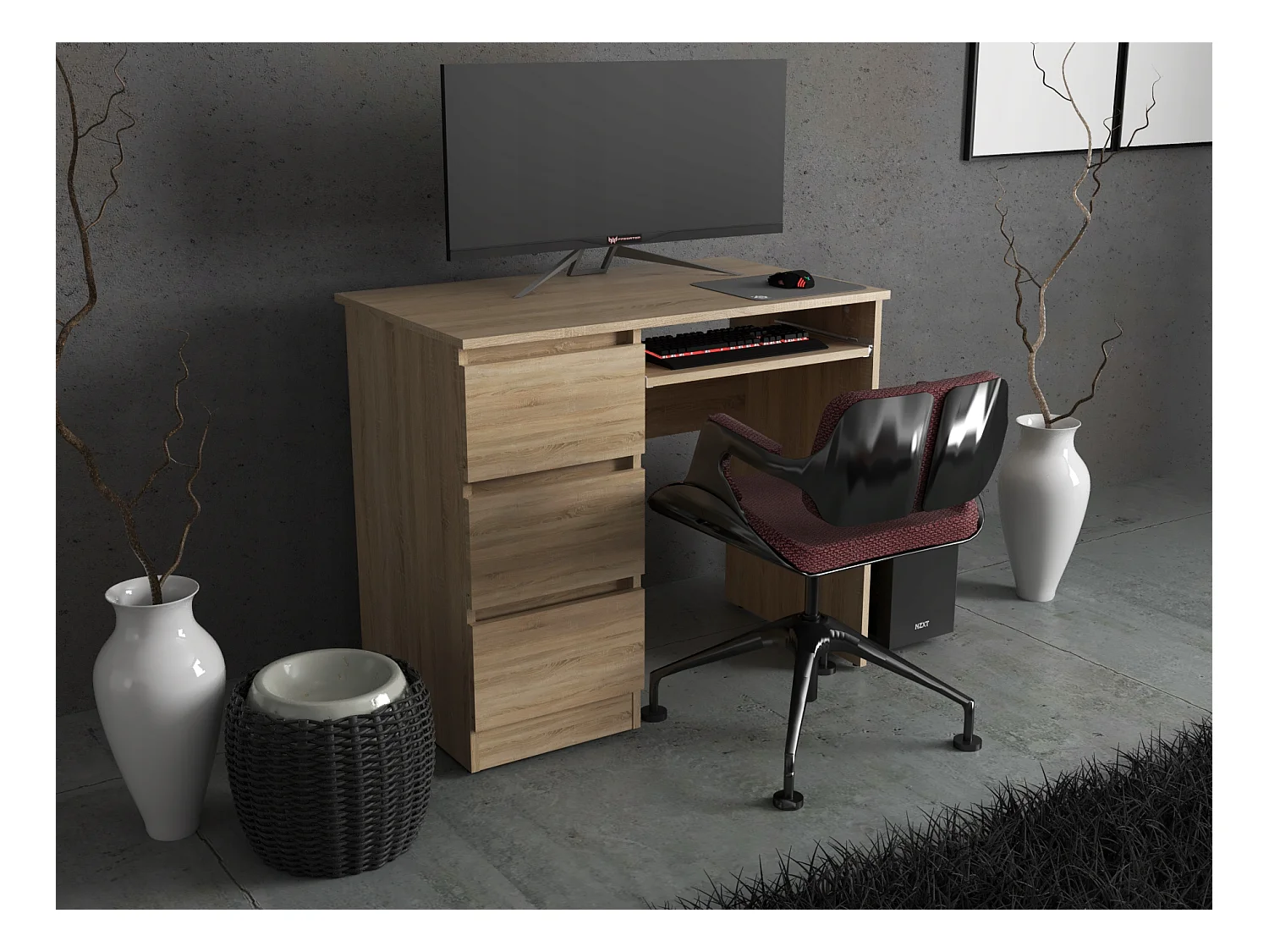 Bureau d’ordinateur -scolaire - gaming à 3 tiroirs –  Chêne Sonoma 90x50x77 cm