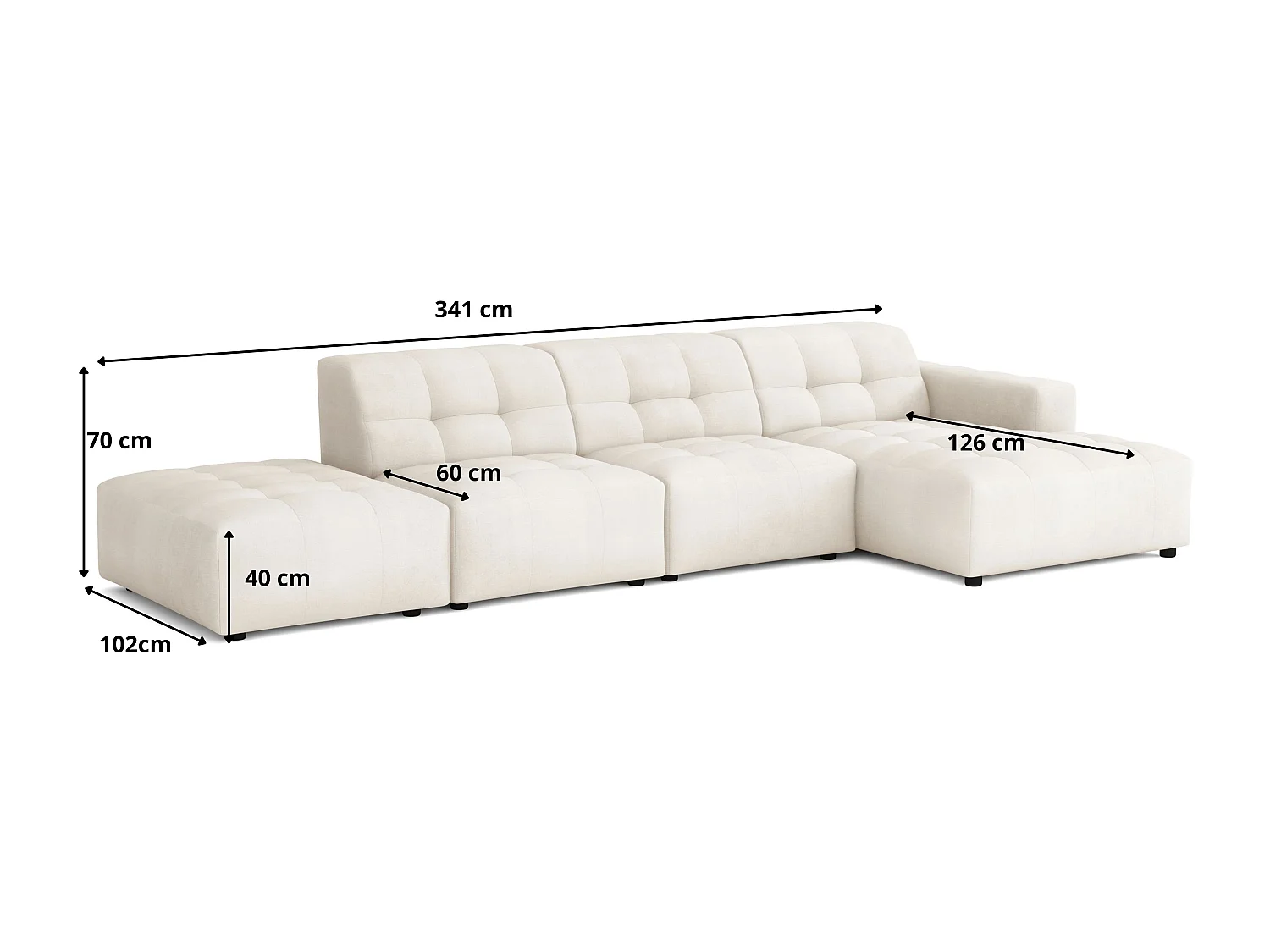 Canapé d’angle gauche avec pouf Bergamo B– tissu Raven 7 gris, 341×166×70 cm