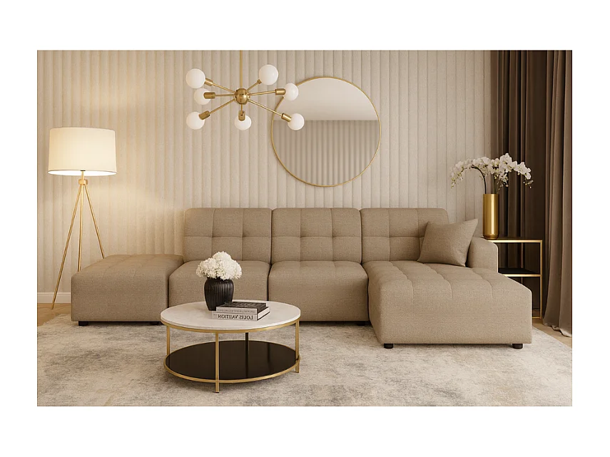 Canapé d’angle droit avec pouf Bergamo B– tissu Raven 30 beige, 341×166×70 cm