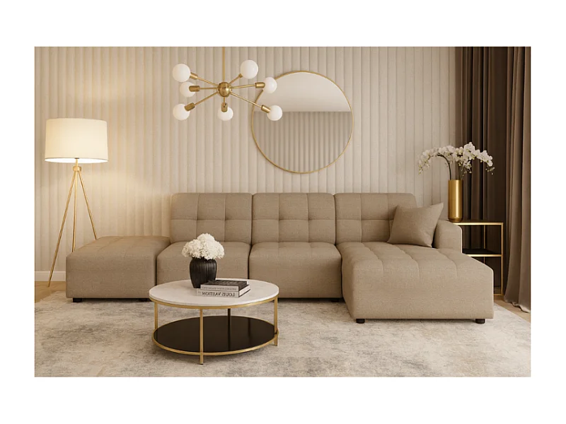 Canapé d’angle droit avec pouf Bergamo B– tissu Raven 30 beige, 341×166×70 cm