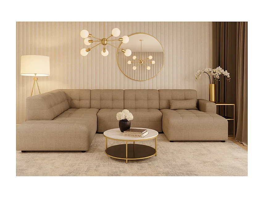 Canapé d’angle droit avec pouf Bergamo C– tissu Raven 30 beige,  364×262×70 cm