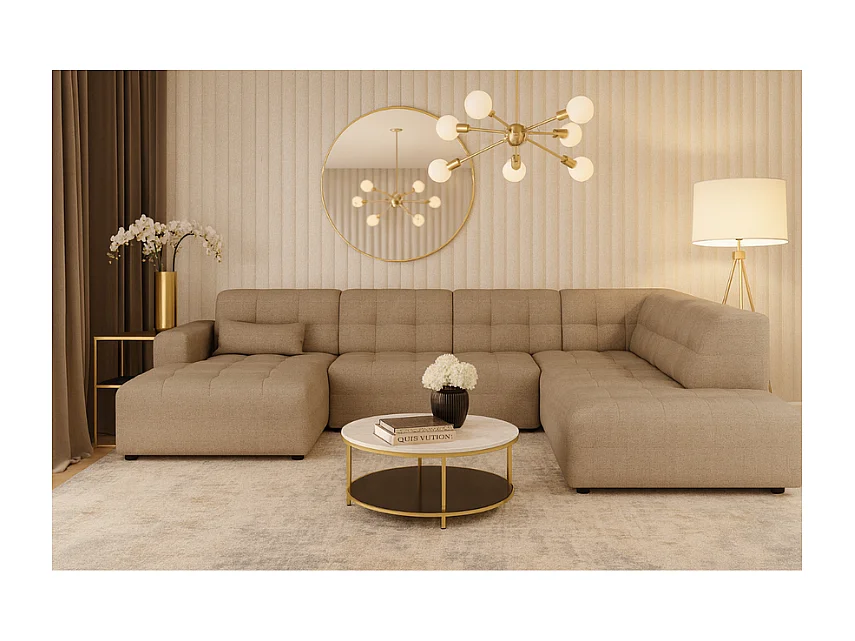 Canapé d’angle gauche avec pou fBergamo C – tissu Raven 30 beige,  364×262×70 cm