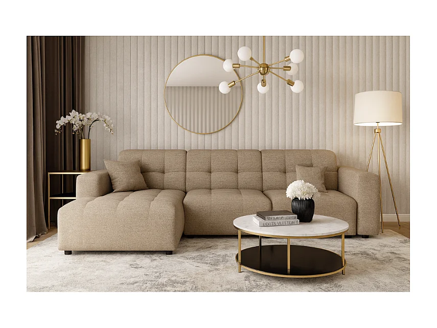 Canapé d’angle Bergamo A– angle gauche, tissu Raven 30 beige, 284×166×70 cm