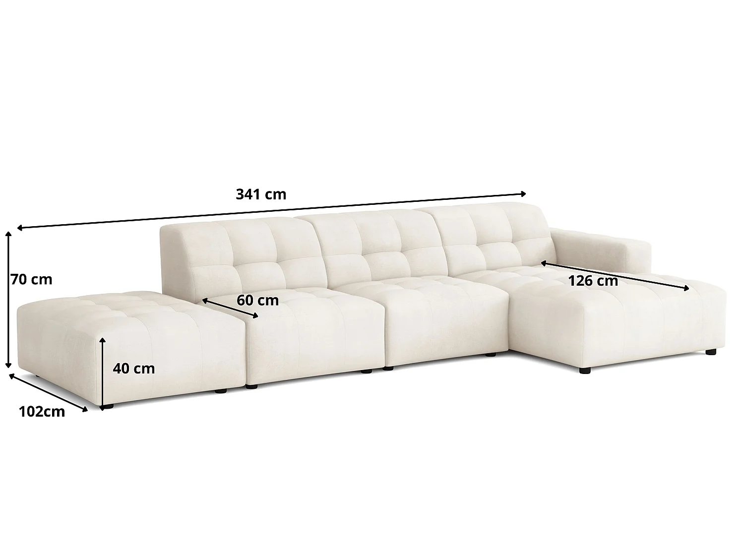 Canapé d’angle gauche avec pou fBergamo B – tissu Raven 30 beige, 341×166×70 cm