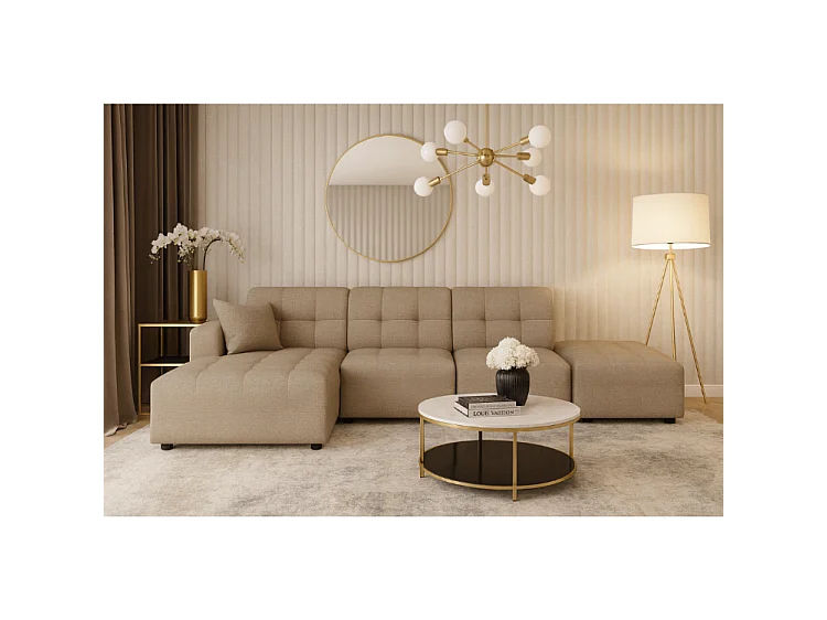 Canapé d’angle gauche avec pou fBergamo B – tissu Raven 30 beige, 341×166×70 cm