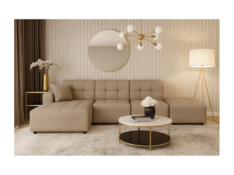 Canapé d’angle gauche avec pou fBergamo B – tissu Raven 30 beige, 341×166×70 cm