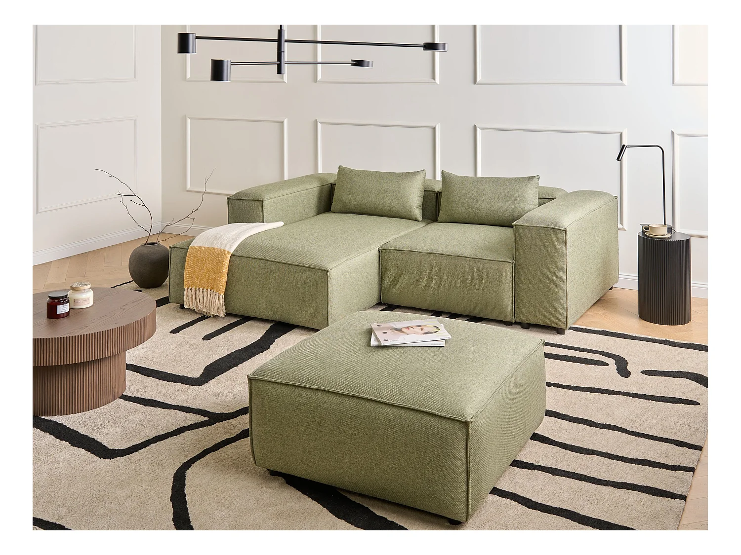 Canapé d'Angle à gauche Moderne en Tissu Modulable 3 Places avec Pouf Vert Clair Brande