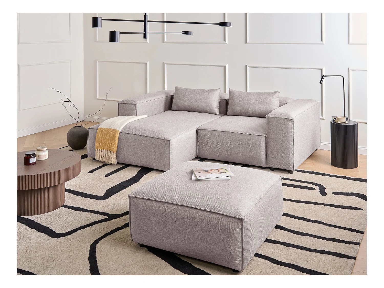 Canapé d'Angle à gauche Moderne en Tissu Modulable 3 Places avec Pouf Marron Clair Brande