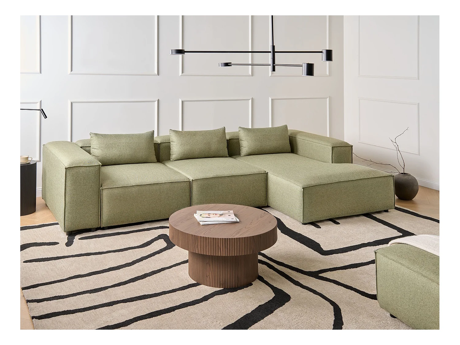 Canapé d'Angle à droite Modulable Moderne en Tissu 4 Places avec Accoudoirs Vert Clair Brande