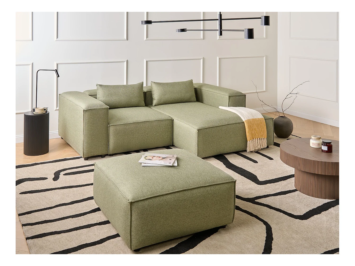 Canapé d'Angle à droite Moderne en Tissu Modulable 3 Places avec Pouf Vert Clair Brande