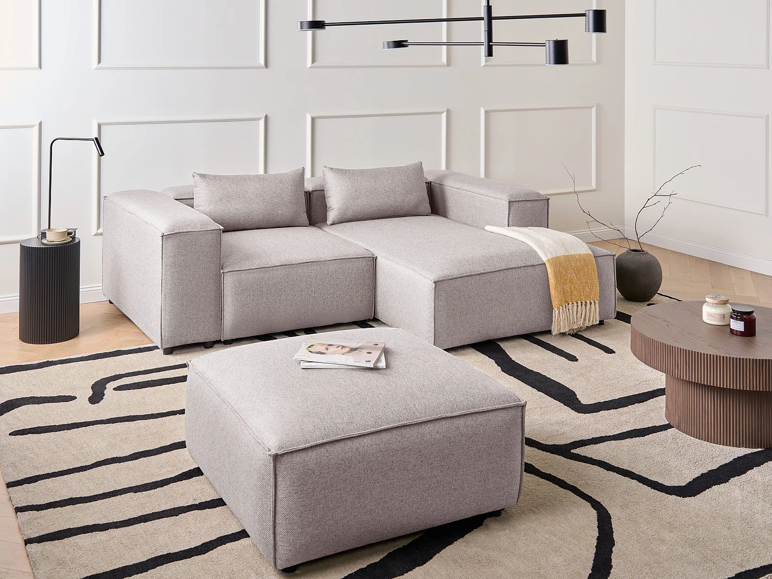 Canapé d'Angle à droite Moderne en Tissu Modulable 3 Places avec Pouf Marron Clair Brande