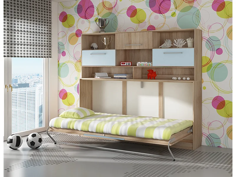 Vouwbed ROGER 90x200 cm horizontaal + plank sonoma-eik / blauw