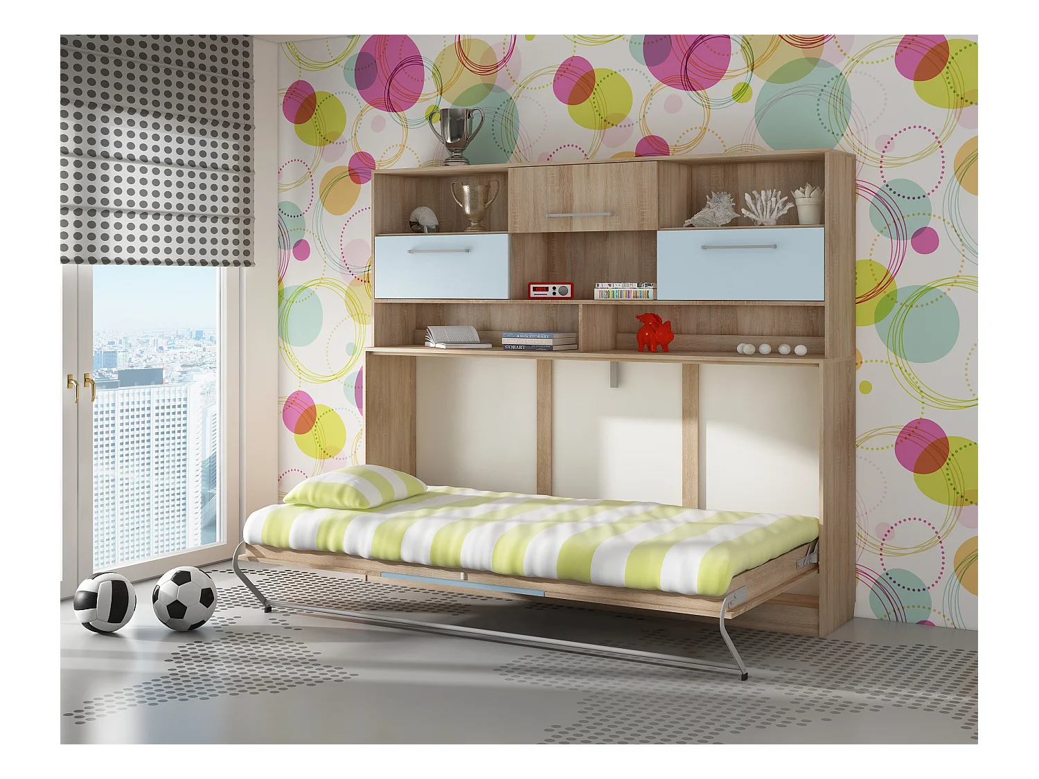 Vouwbed ROGER 90x200 cm horizontaal + plank sonoma-eik / blauw