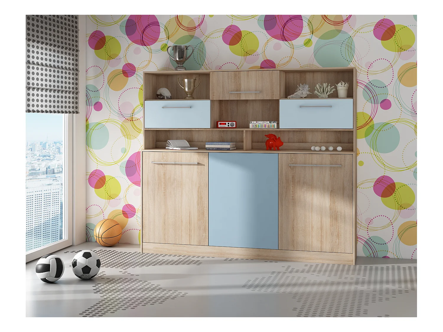 Vouwbed ROGER 90x200 cm horizontaal + plank sonoma-eik / blauw