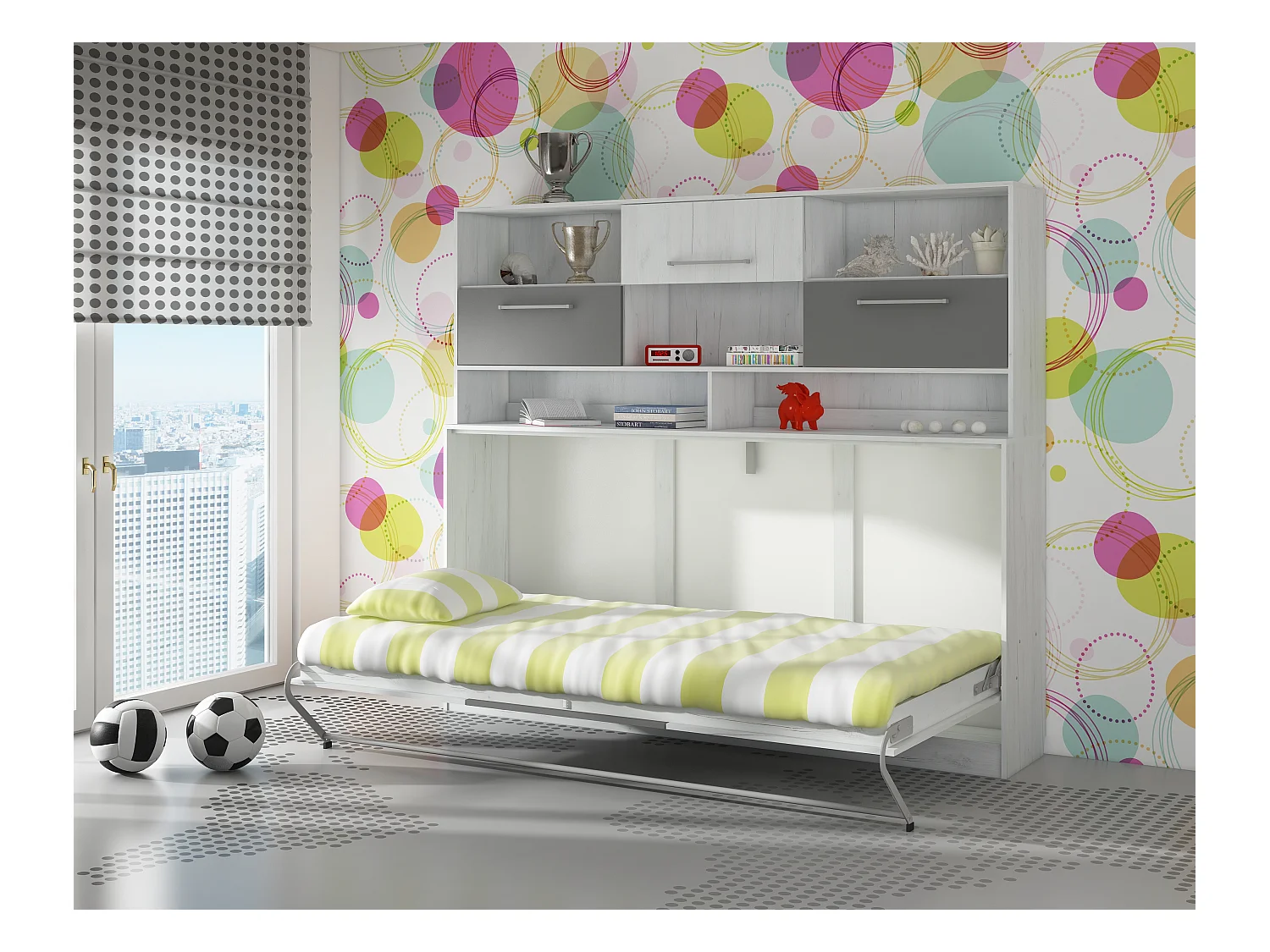 Opklapbed horizontaal ROGER 90x200 cm met plank, artisan eiken wit / grafiet