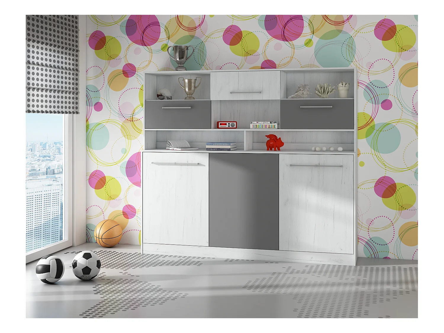 Opklapbed horizontaal ROGER 90x200 cm met plank, artisan eiken wit / grafiet