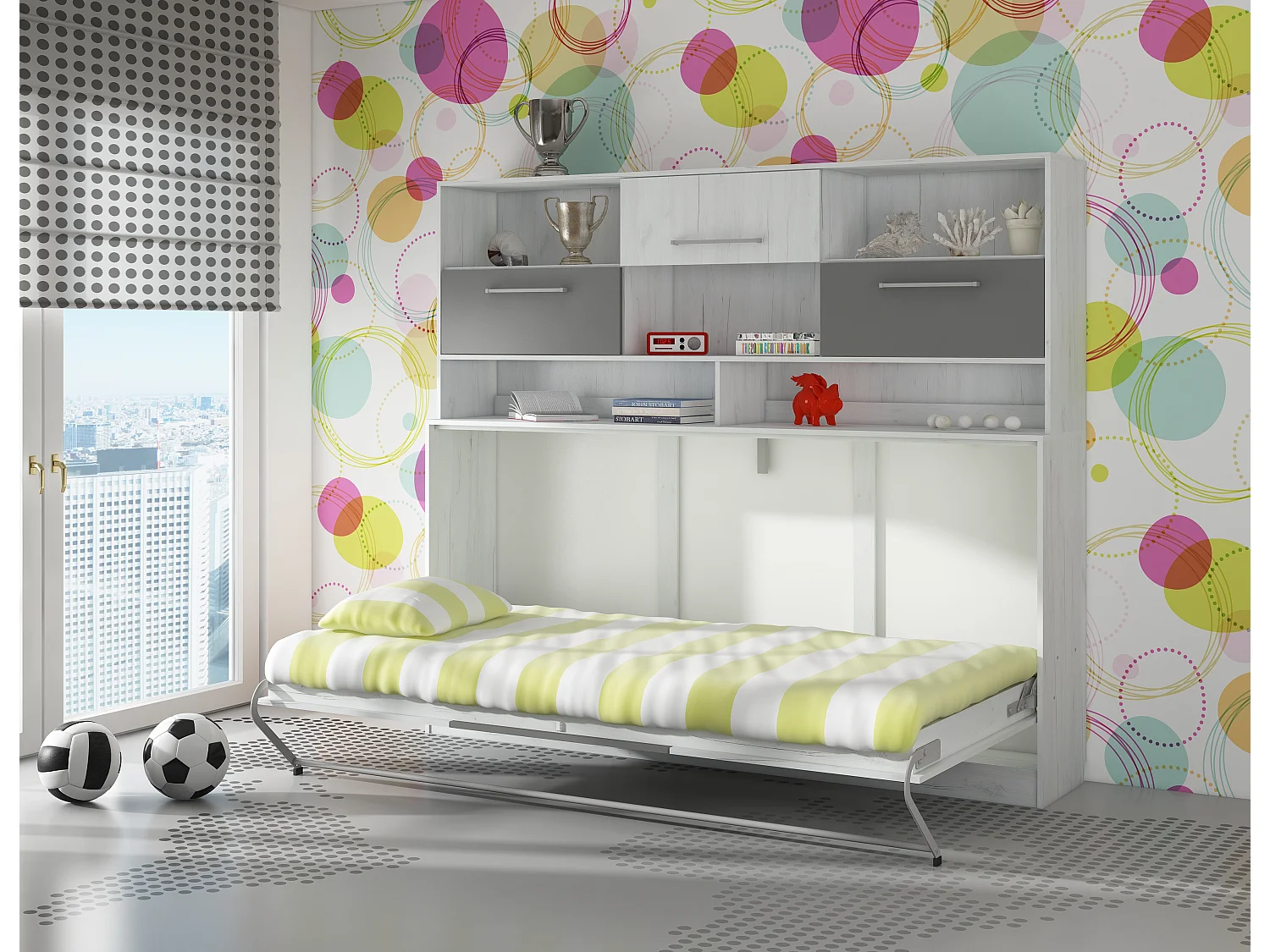 Opklapbed horizontaal ROGER 90x200 cm met plank, artisan eiken wit / grafiet