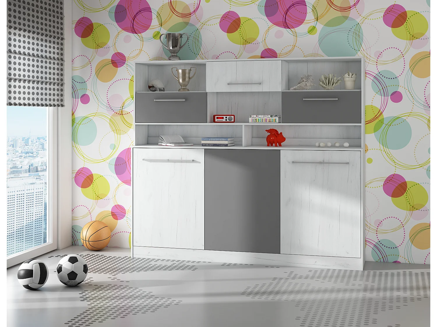 Opklapbed horizontaal ROGER 90x200 cm met plank, artisan eiken wit / grafiet