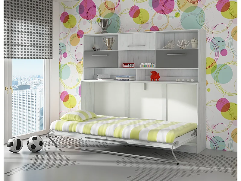 Opklapbed horizontaal ROGER 90x200 cm met plank, artisan eiken wit / grafiet