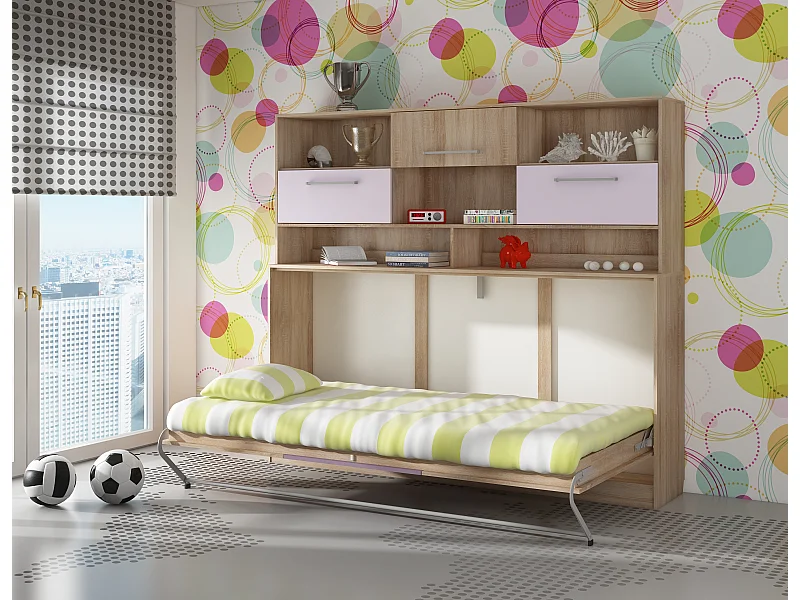 Opklapbed horizontaal ROGER 90x200 cm met plank, sonoma eiken / paars