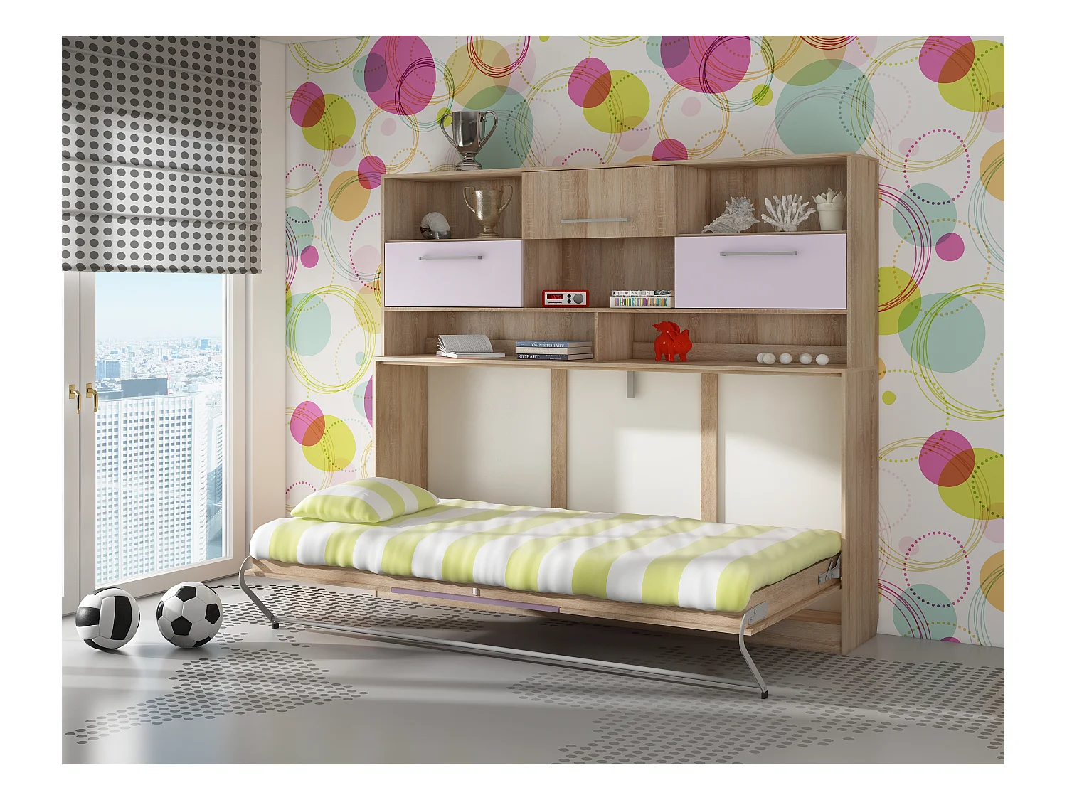 Opklapbed horizontaal ROGER 90x200 cm met plank, sonoma eiken / paars