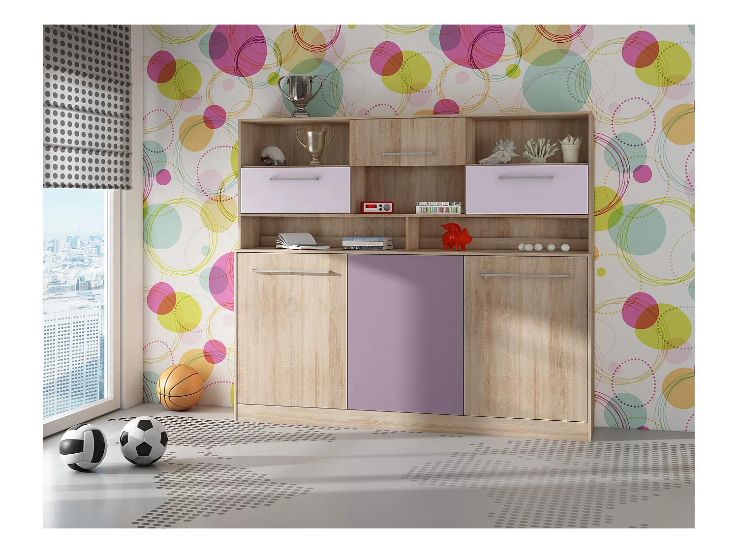 Opklapbed horizontaal ROGER 90x200 cm met plank, sonoma eiken / paars