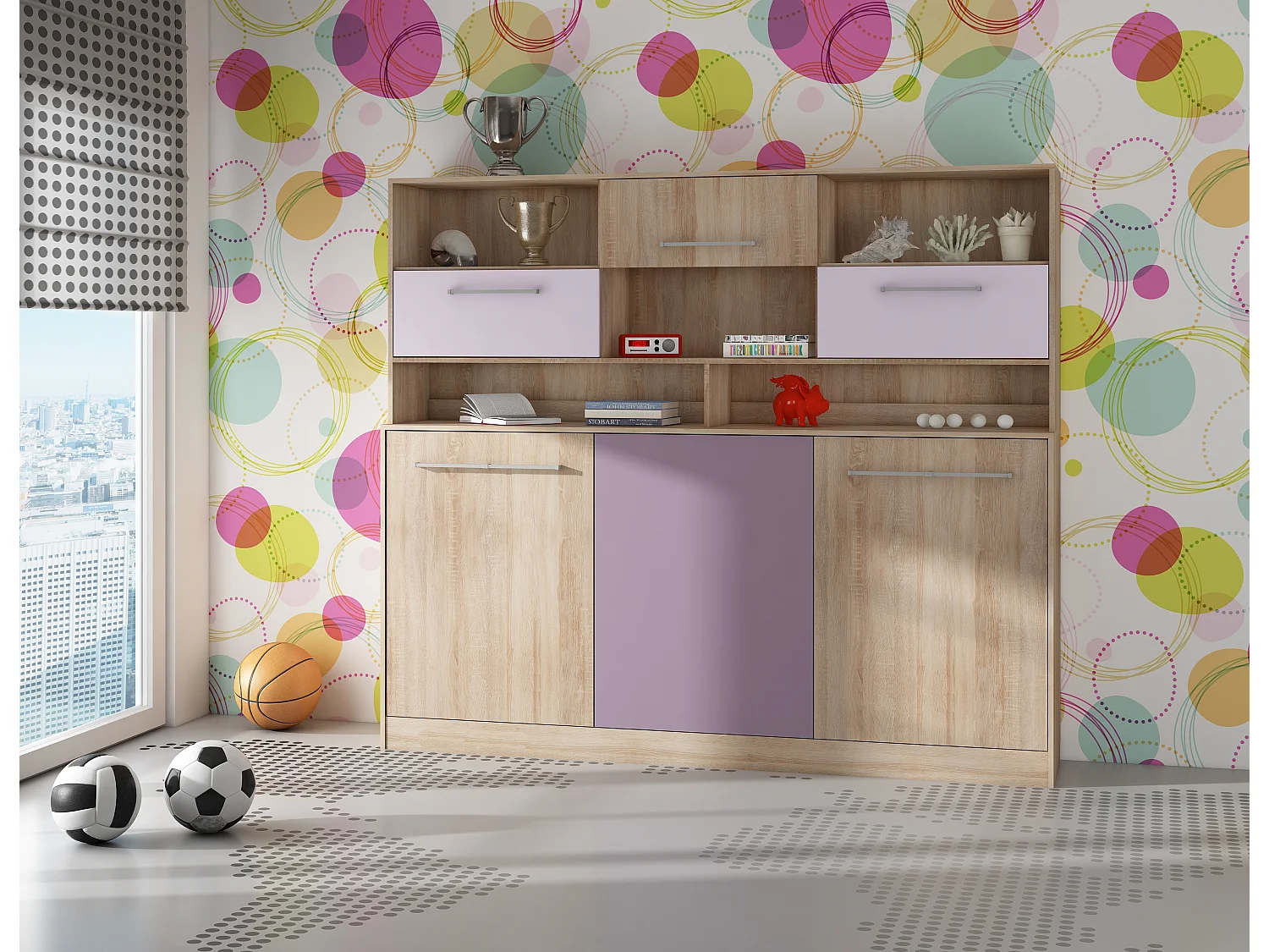 Opklapbed horizontaal ROGER 90x200 cm met plank, sonoma eiken / paars