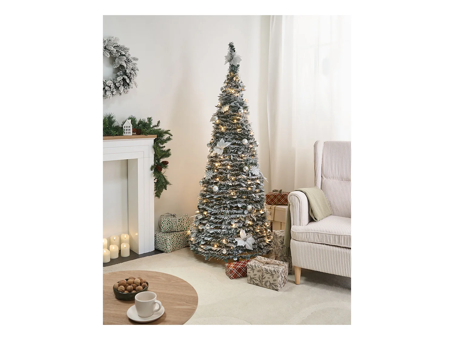 Sapin de Noël artificiel enneigé Pliant LED FIRVANA 185 cm Blanc