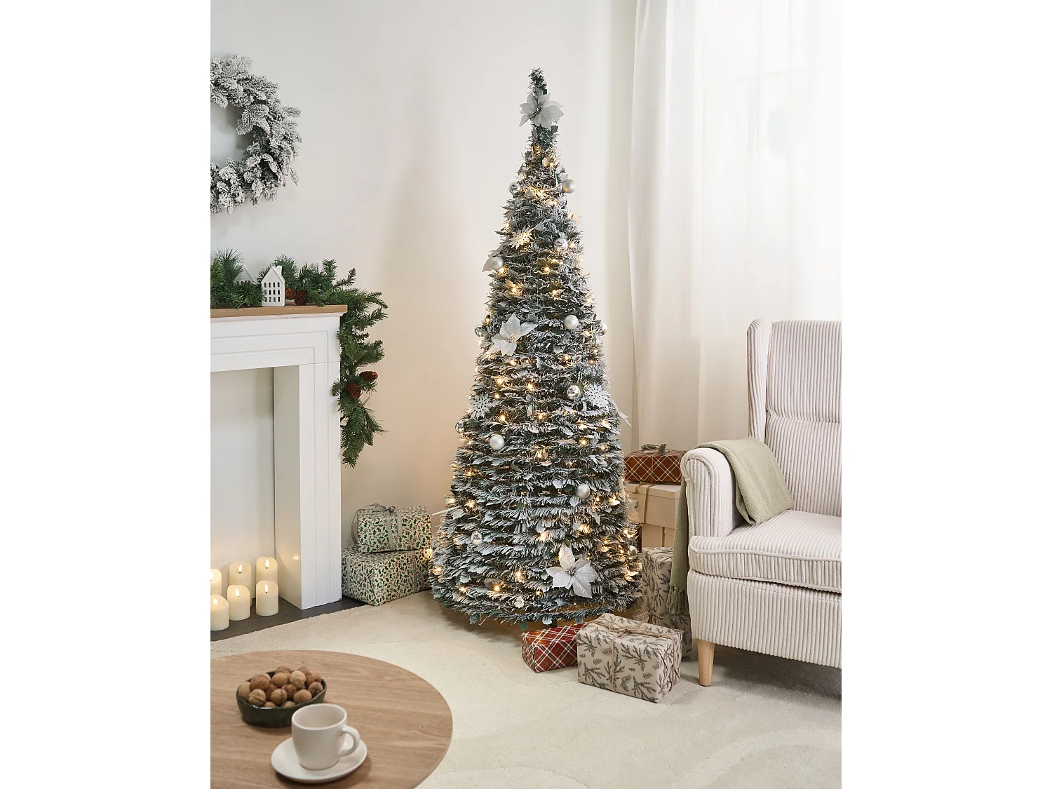 Sapin de Noël artificiel enneigé Pliant LED FIRVANA 185 cm Blanc