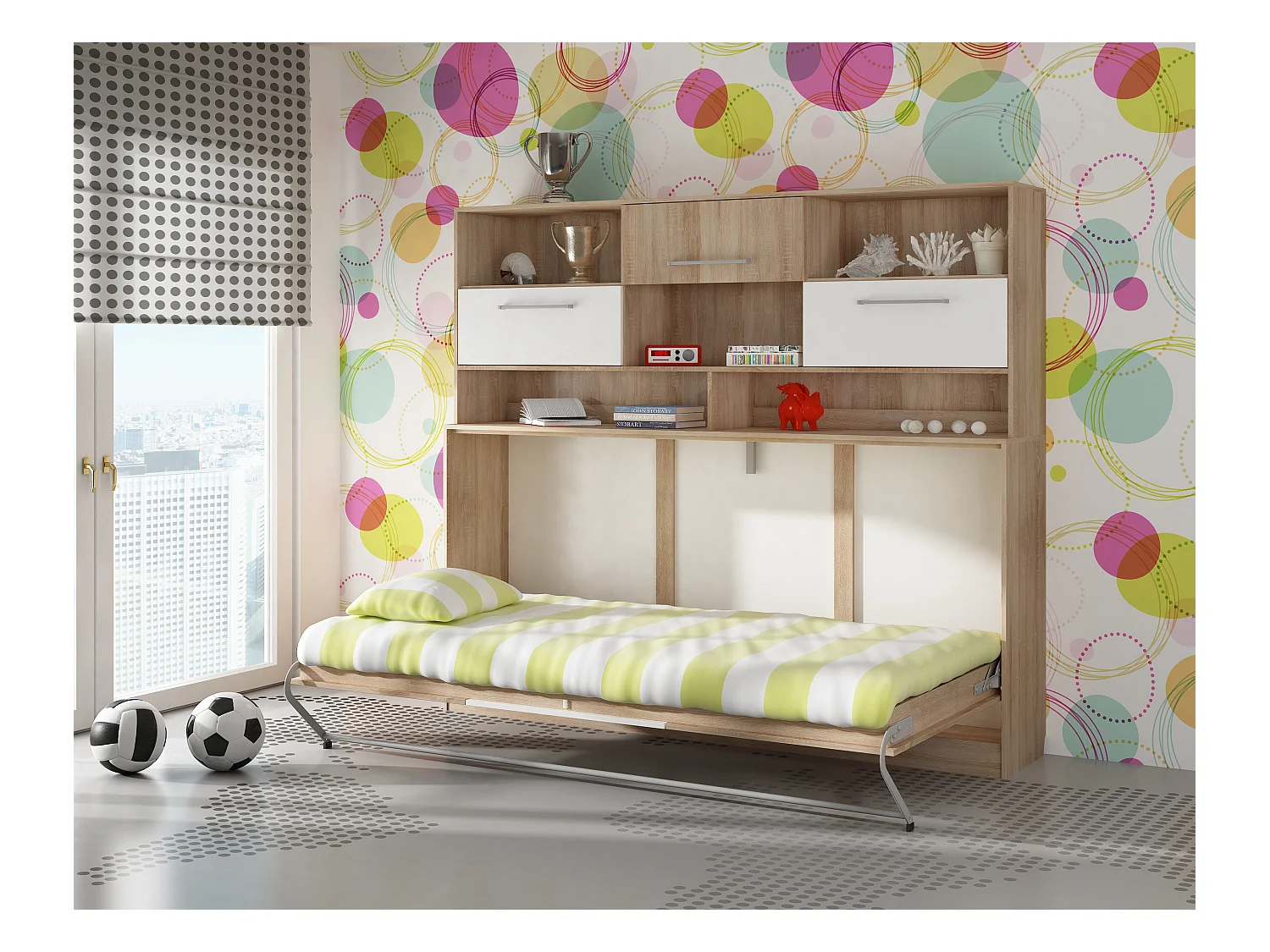 Opklapbed horizontaal ROGER 90x200 cm met plank, sonoma eiken / wit