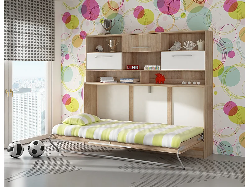 Cama abatible horizontal ROGER 90x200 cm con estantería, roble Sonoma / blanco