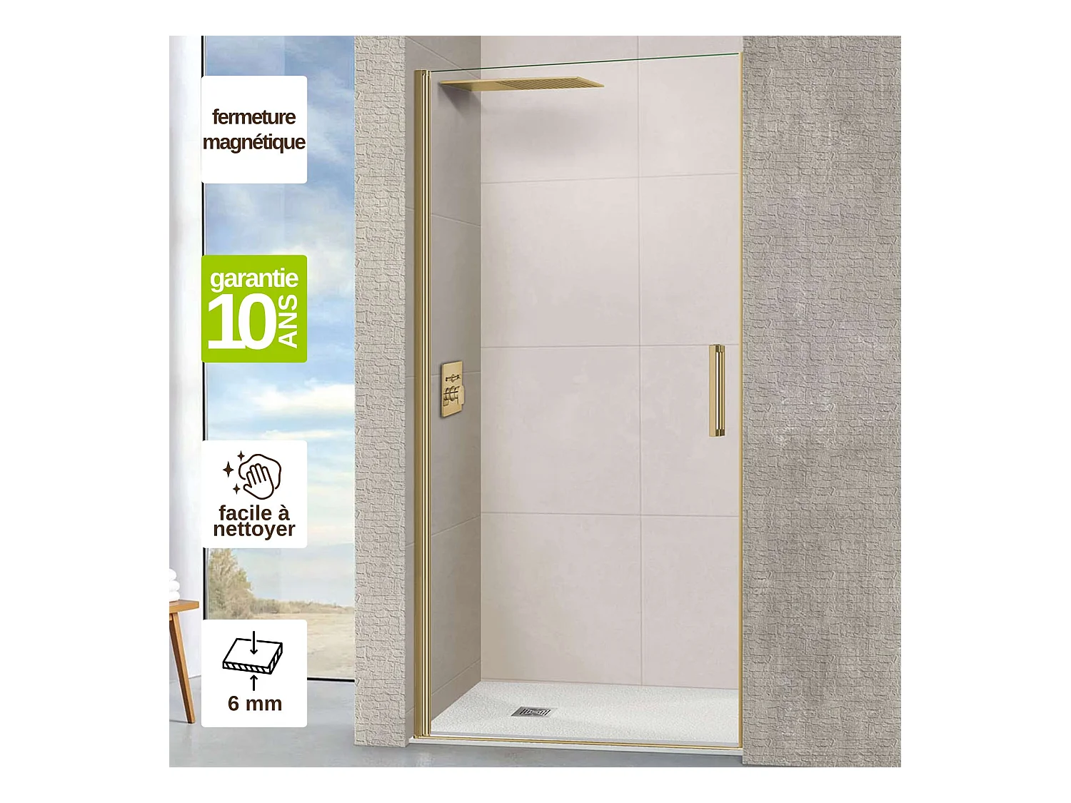 Porte de douche pivotante gauche - Paroi de douche L.70 x H195 cm - Verre trempé 6mm transparent anti calcaire - Or Brossé - SUPERBAN