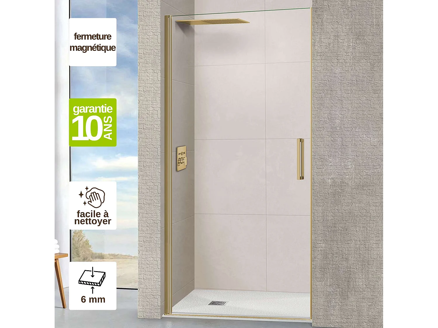 Porte de douche pivotante gauche - Paroi de douche L.70 x H195 cm - Verre trempé 6mm transparent anti calcaire - Or Brossé - SUPERBAN