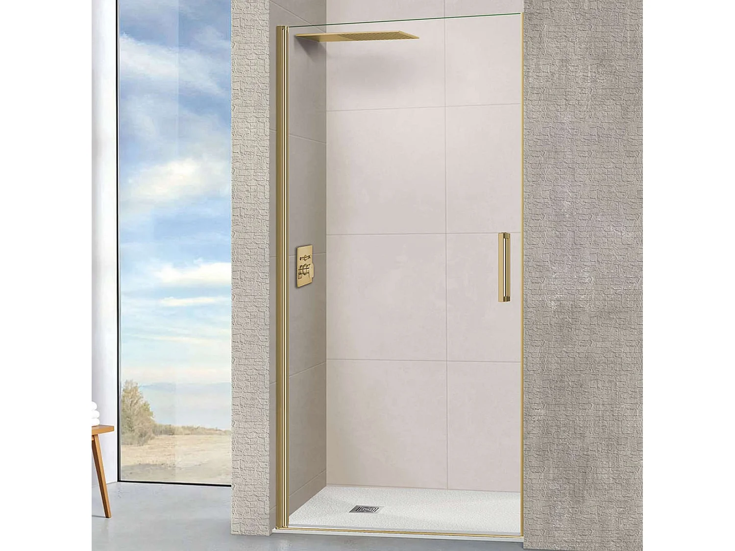 Porte de douche pivotante droite - Paroi de douche L.70 x H195 cm - Verre trempé 6mm transparent anti calcaire - Or Brossé - SUPERBAN