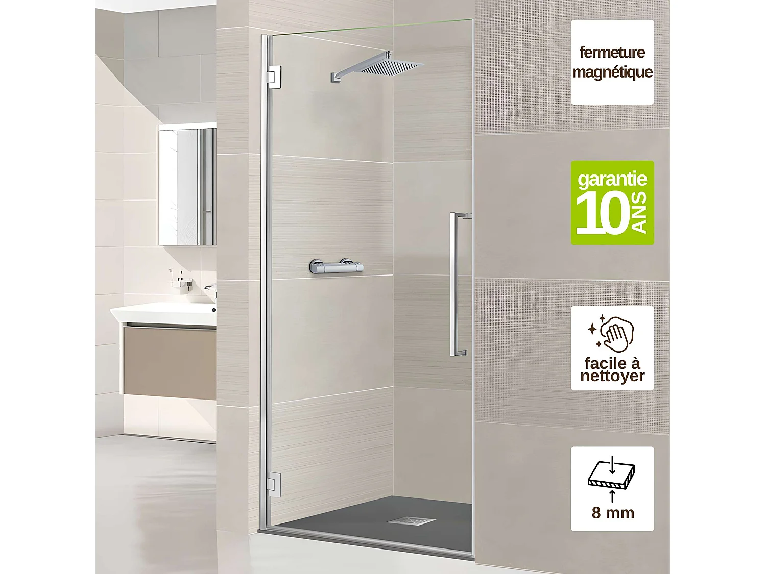 Porte de douche charnières droite - Paroi de douche L.70 x H195 cm - Verre trempé 8mm transparent anti calcaire - Chromé - SUPERBAN