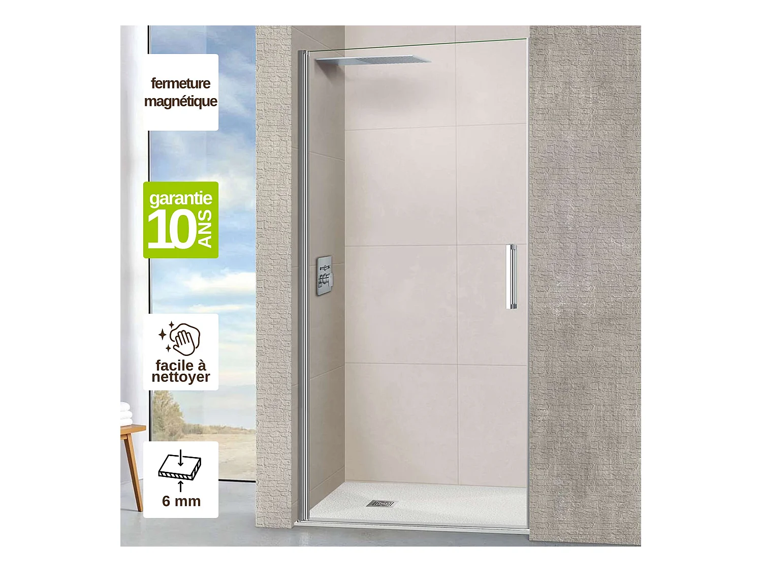 Porte de douche pivotante gauche - Paroi de douche L.80 x H195 cm - Verre trempé 6mm transparent anti calcaire - Chromé - SUPERBAN