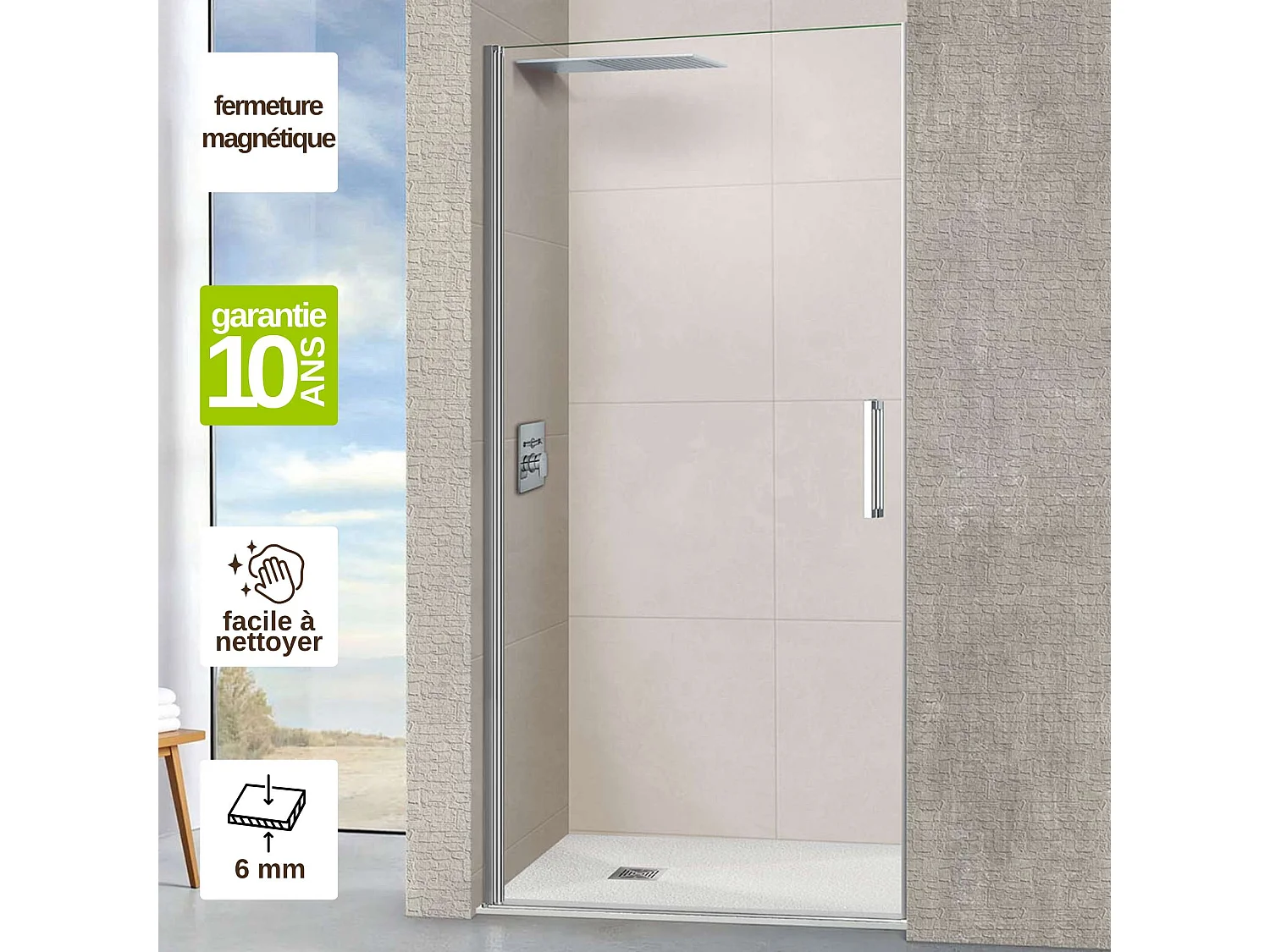 Porte de douche pivotante gauche - Paroi de douche L.80 x H195 cm - Verre trempé 6mm transparent anti calcaire - Chromé - SUPERBAN