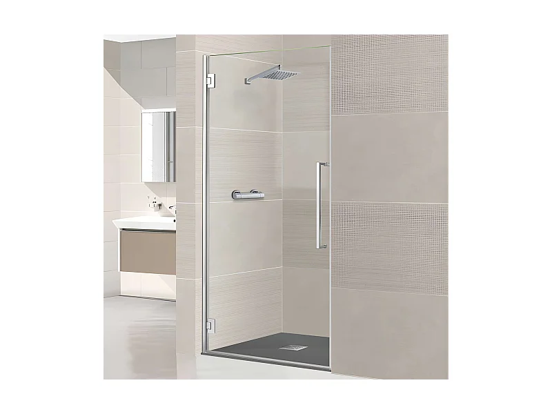 Porte de douche charnières gauche - Paroi de douche L.80 x H195 cm - Verre trempé 8mm transparent anti calcaire - Chromé - SUPERBAN