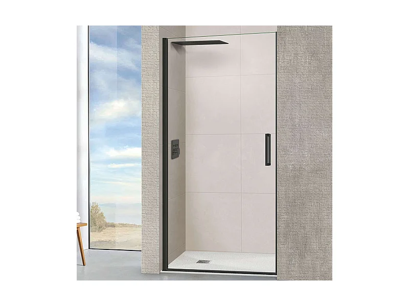 Porte de douche pivotante gauche - Paroi de douche L.70 x H195 cm - Verre trempé 6mm transparent anti calcaire - Noir Mat - SUPERBAN