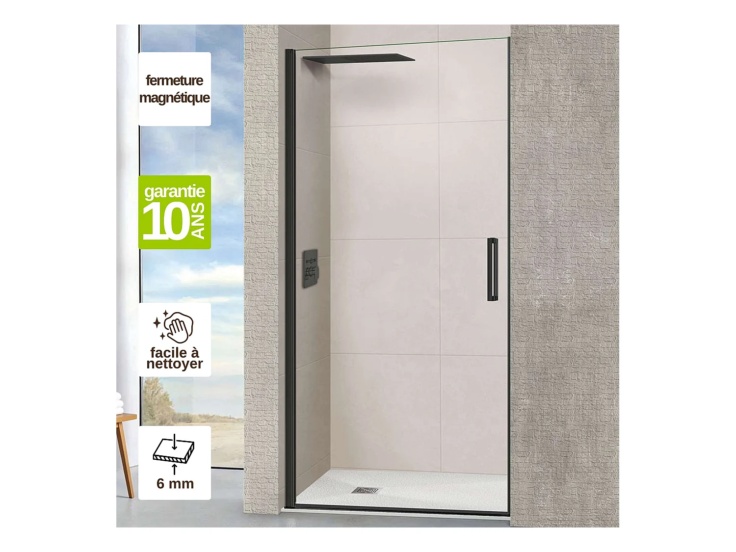 Porte de douche pivotante gauche - Paroi de douche L.70 x H195 cm - Verre trempé 6mm transparent anti calcaire - Noir Mat - SUPERBAN