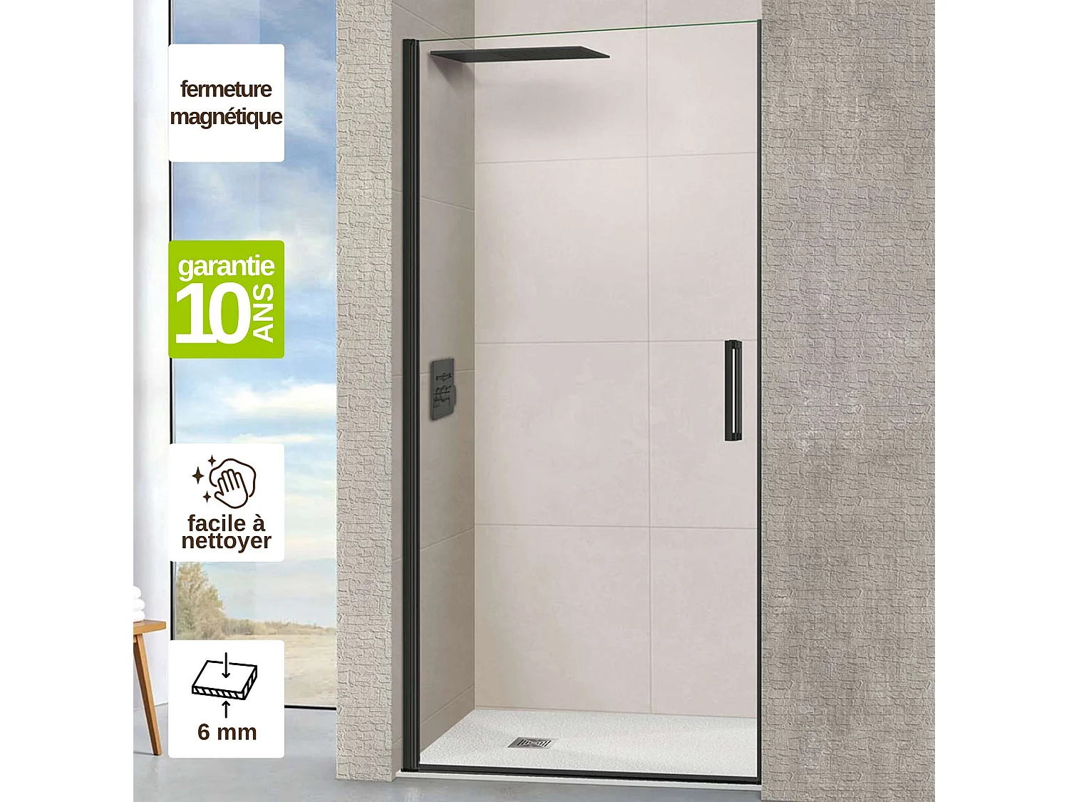 Porte de douche pivotante gauche - Paroi de douche L.70 x H195 cm - Verre trempé 6mm transparent anti calcaire - Noir Mat - SUPERBAN