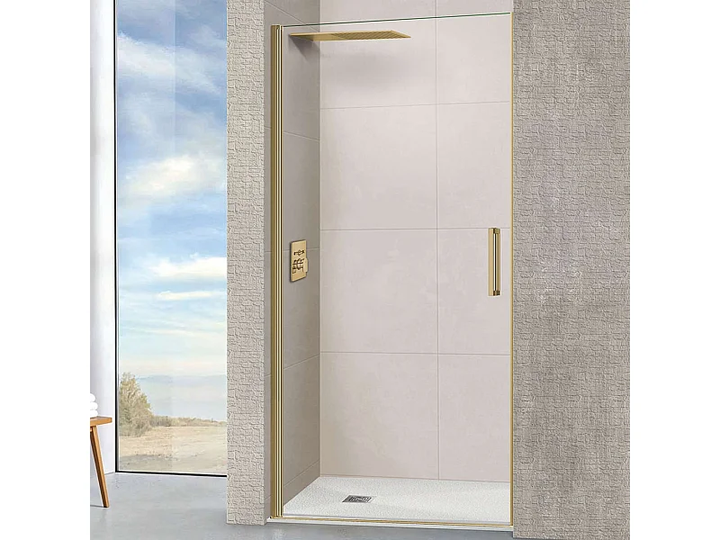 Porte de douche pivotante droite - Paroi de douche L.80 x H195 cm - Verre trempé 6mm transparent anti calcaire - Or Brossé - SUPERBAN