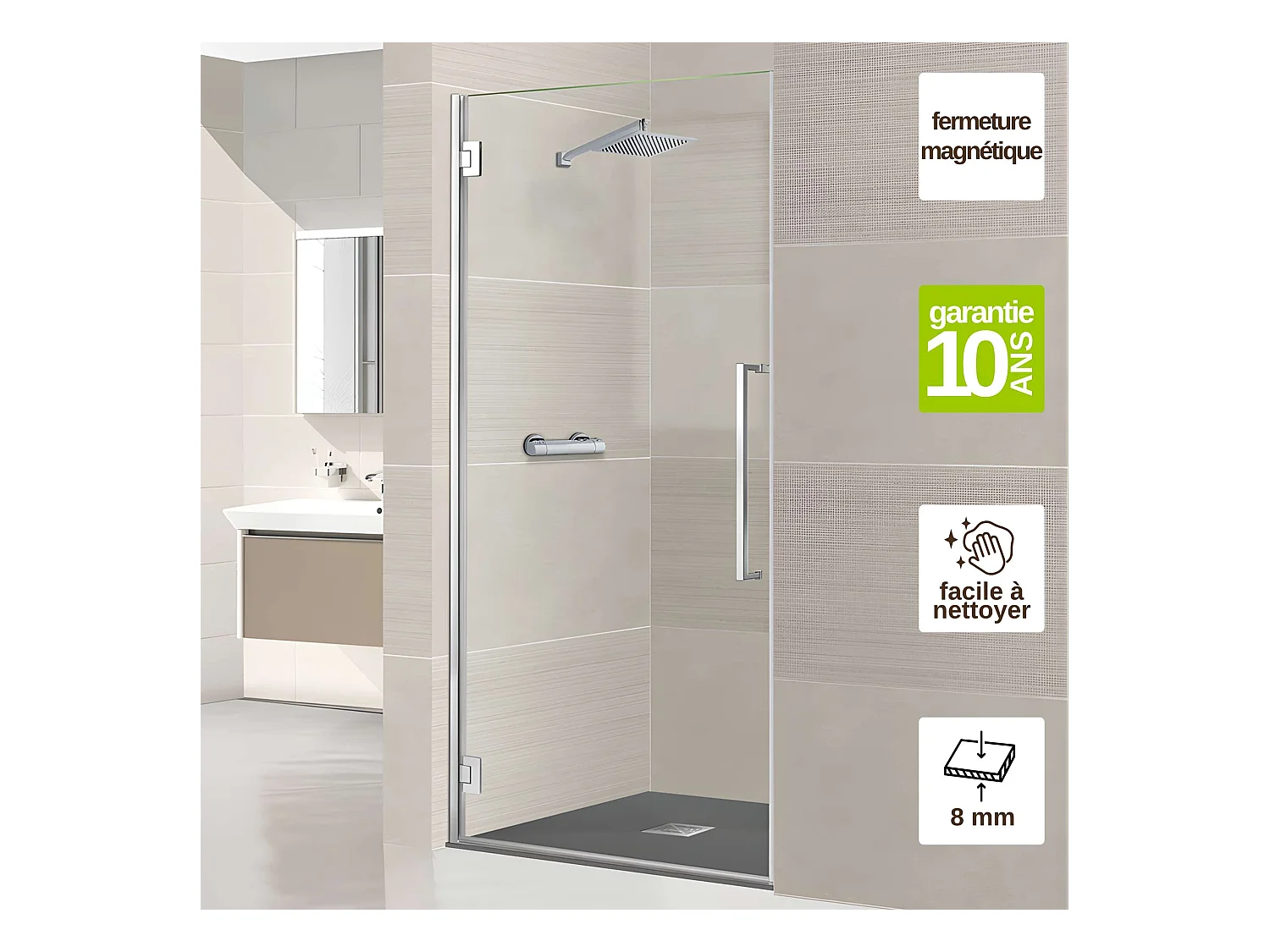Porte de douche charnières gauche - Paroi de douche L.70 x H195 cm - Verre trempé 8mm transparent anti calcaire - Chromé - SUPERBAN