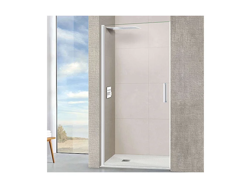 Porte de douche pivotante gauche - Paroi de douche L.80 x H195 cm - Verre trempé 6mm transparent anti calcaire - Blanc Mat - SUPERBAN