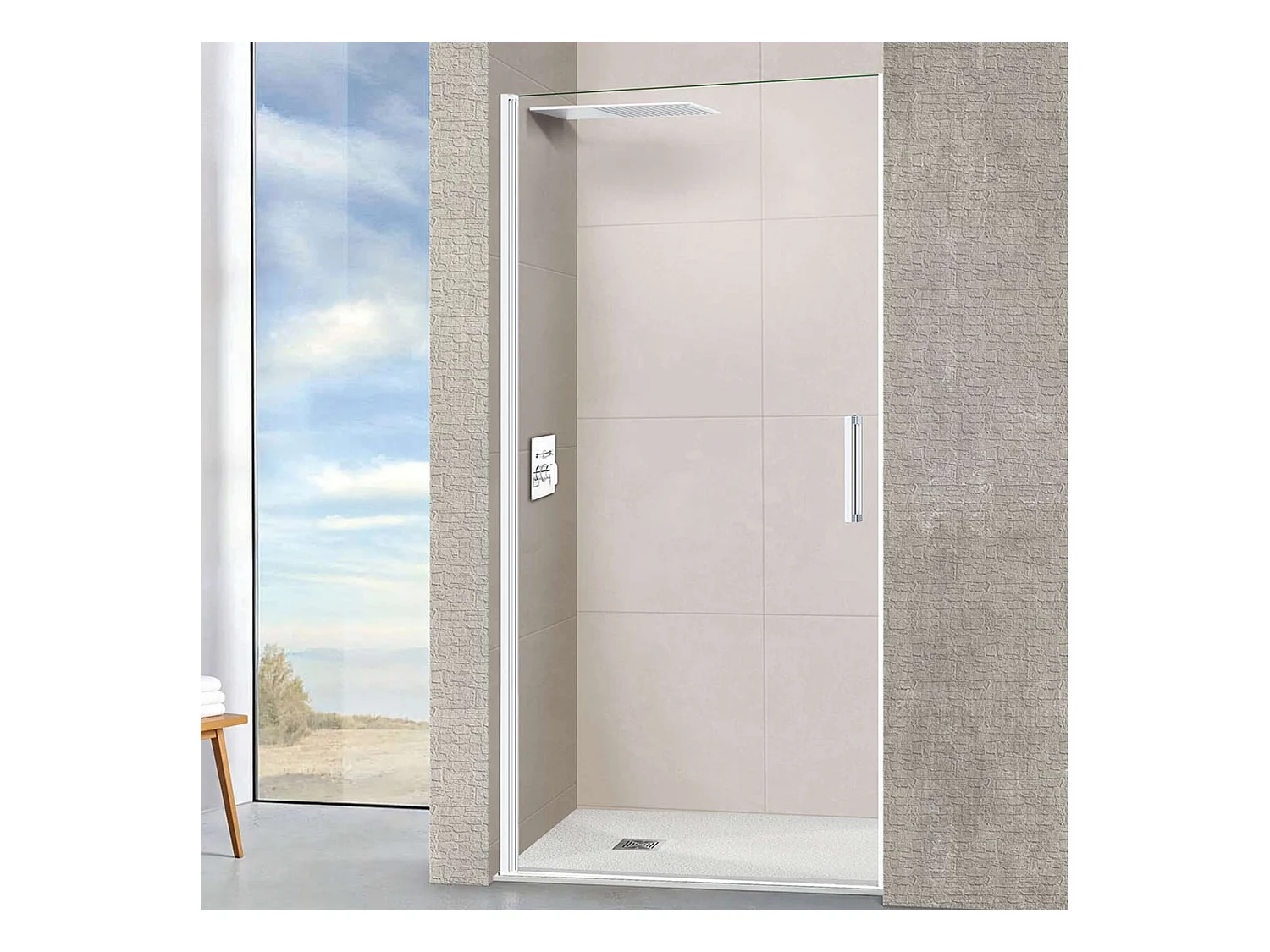 Porte de douche pivotante gauche - Paroi de douche L.80 x H195 cm - Verre trempé 6mm transparent anti calcaire - Blanc Mat - SUPERBAN