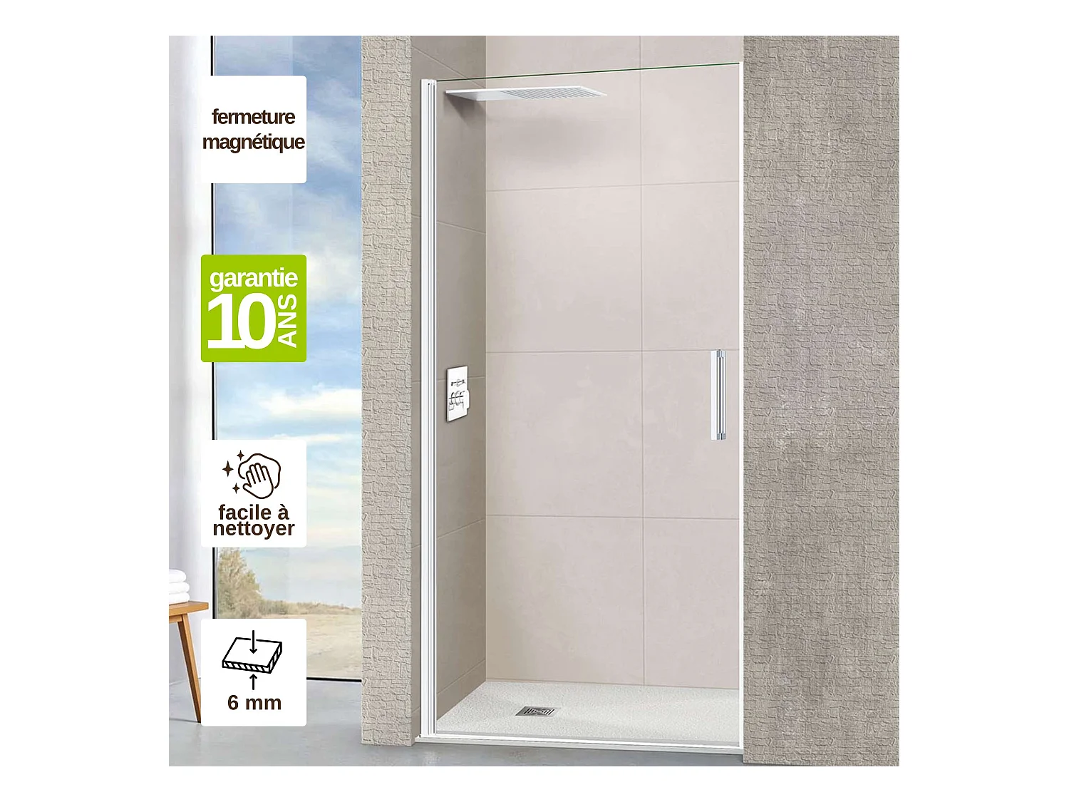 Porte de douche pivotante gauche - Paroi de douche L.80 x H195 cm - Verre trempé 6mm transparent anti calcaire - Blanc Mat - SUPERBAN