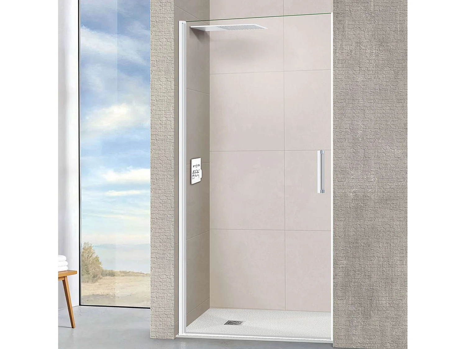 Porte de douche pivotante gauche - Paroi de douche L.80 x H195 cm - Verre trempé 6mm transparent anti calcaire - Blanc Mat - SUPERBAN